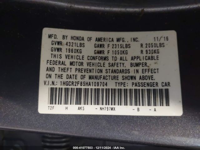 1HGCR2F85HA109704 Honda Accord Ex-l