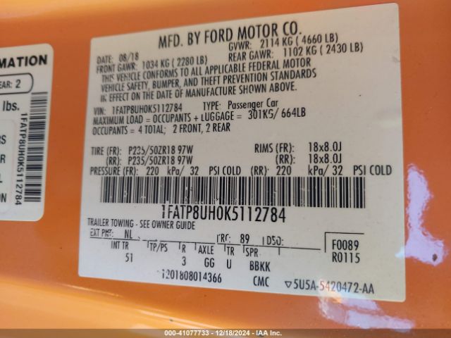 1FATP8UH0K5112784 Ford Mustang Ecoboost Premium