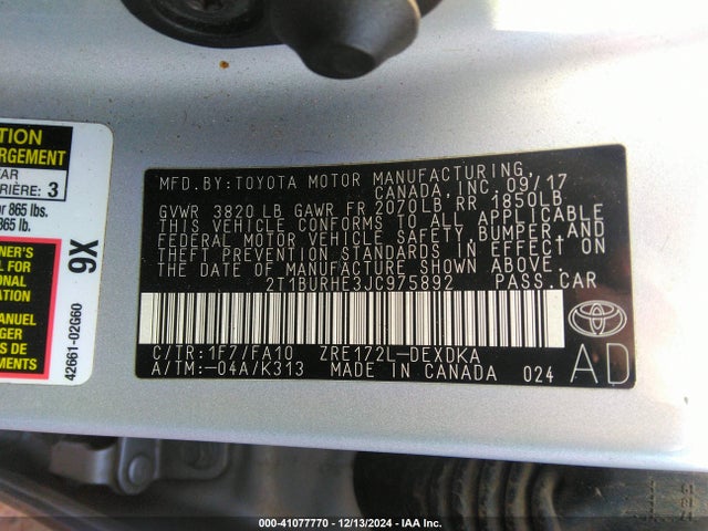 Toyota COROLLA L 2018 2T1BURHE3JC975892 Image 9