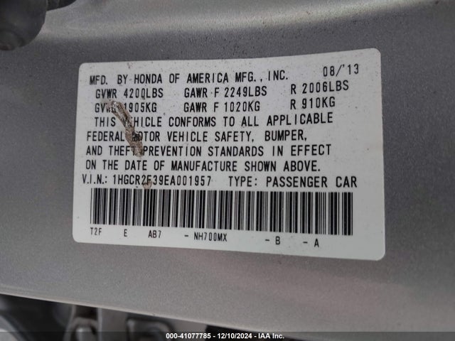 41077785 :رقم المزاد ، 1HGCR2F39EA001957 vin ، 2014 Honda Accord Lx مزاد بيع