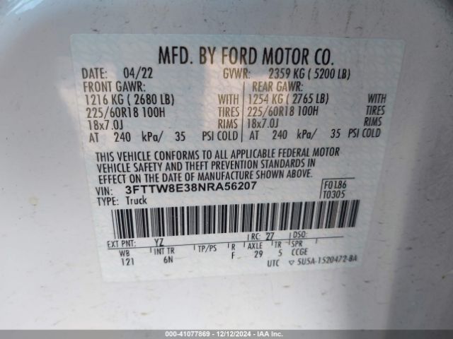 3FTTW8E38NRA56207 Ford Maverick Lariat