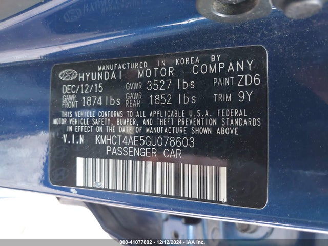 KMHCT4AE5GU078603 Hyundai ACCENT SE