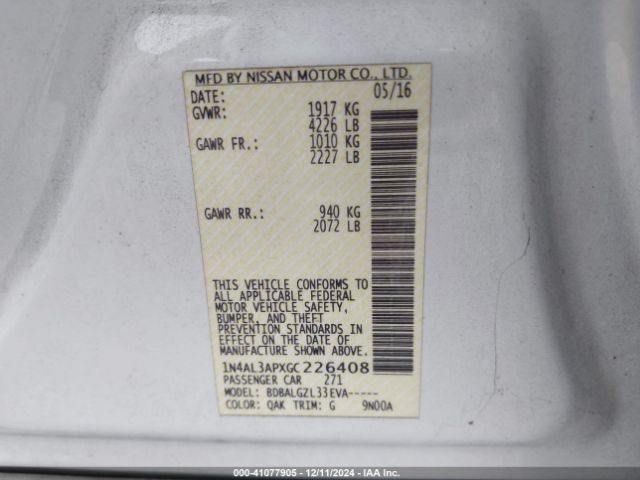 1N4AL3APXGC226408 Nissan Altima 2.5/2.5 S/2.5 Sl/2.5 Sr/2.5 Sv