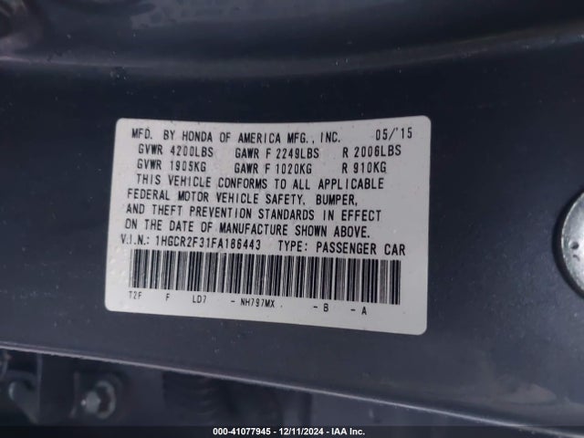 Honda ACCORD LX 2015 1HGCR2F31FA186443 Image 9