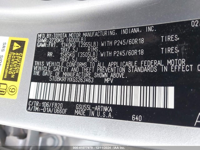 5TDBKRFHXGS263463 Toyota Highlander Le/le Plus
