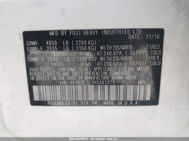4S4BSETC7H3301375 Subaru Outback 3.6r Touring
