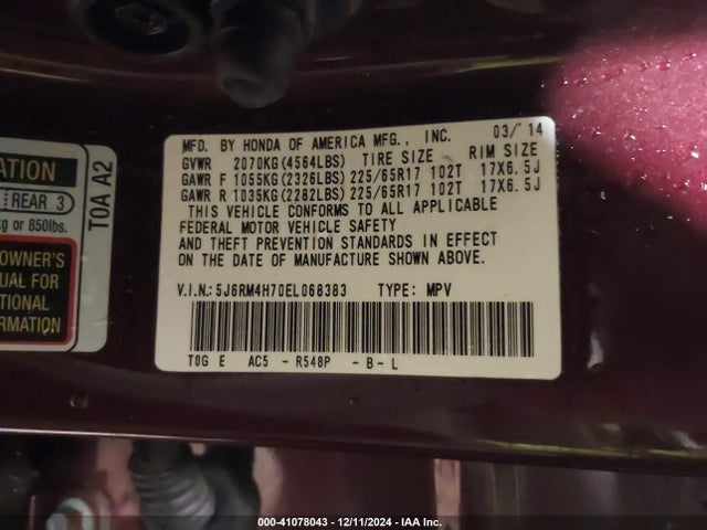Honda Cr-v Ex-l 2014 5J6RM4H70EL068383 Image 9
