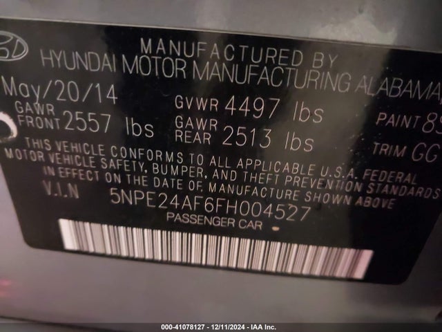 Hyundai SONATA SE 2015 5NPE24AF6FH004527 Image 9