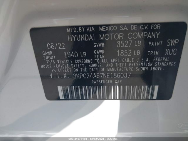 3KPC24A67NE186037 Hyundai Accent Sel