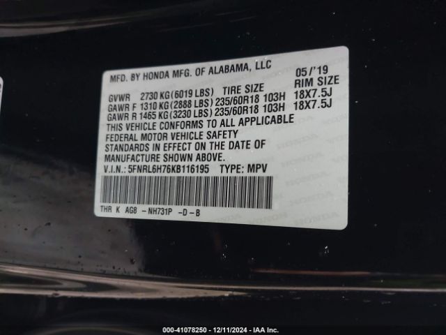 5FNRL6H76KB116195 Honda Odyssey Ex-l
