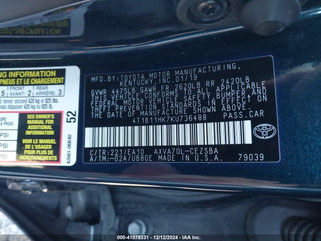 Toyota CAMRY SE 2019 4T1B11HK7KU736488 Image 9