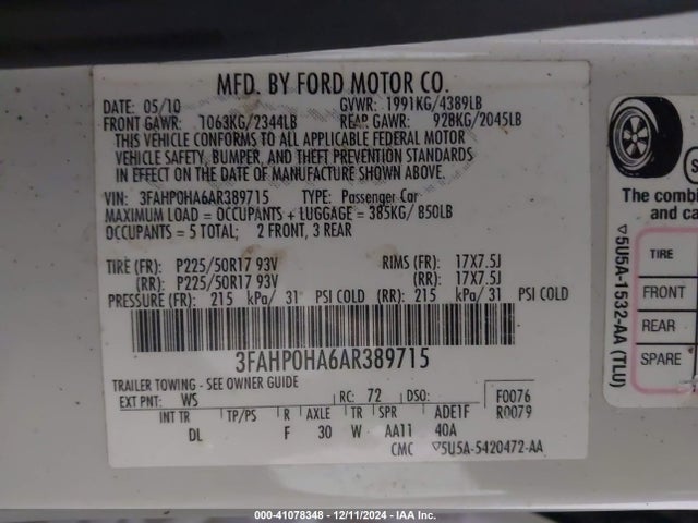 Продажа на аукционе авто 2010 Ford Fusion Se, vin: 3FAHP0HA6AR389715, номер лота: 41078348