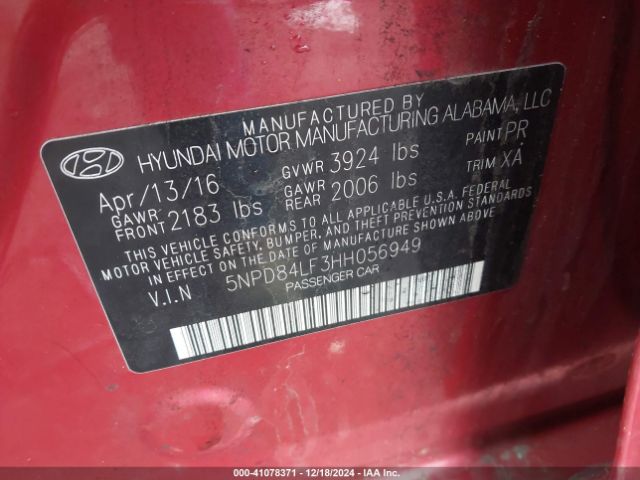5NPD84LF3HH056949 Hyundai Elantra Limited