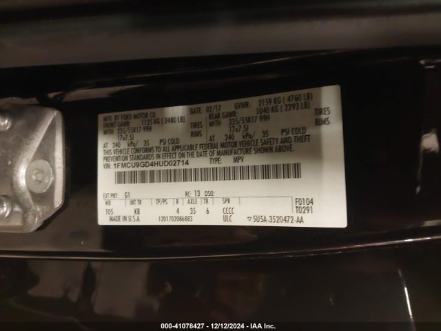 Ford ESCAPE SE 2017 1FMCU9GD4HUD02714 Image 9