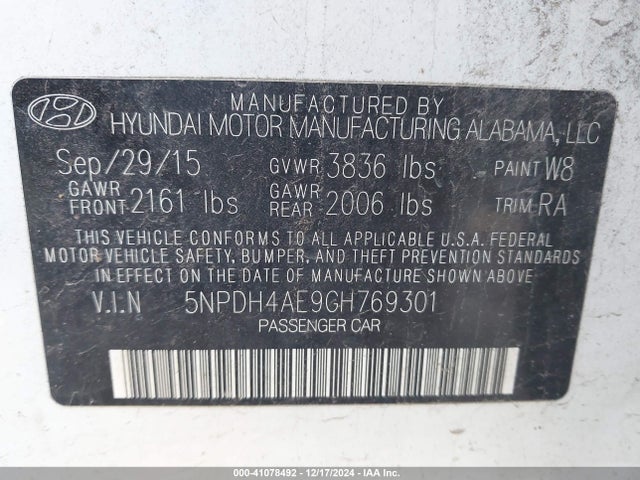 Hyundai ELANTRA SE 2016 5NPDH4AE9GH769301 Image 9
