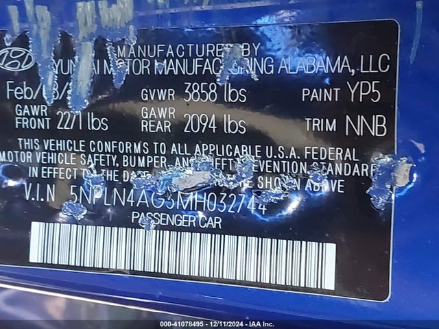 5NPLN4AG5MH032744 Hyundai ELANTRA SEL