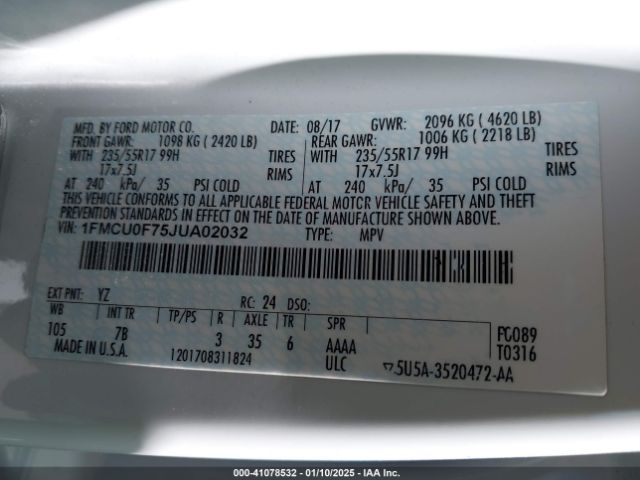1FMCU0F75JUA02032 Ford ESCAPE S