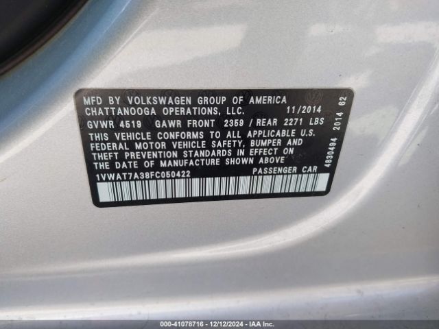 1VWAT7A38FC050422 Volkswagen Passat 1.8t Wolfsburg Edition