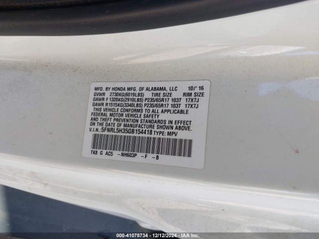 5FNRL5H35GB154418 Honda ODYSSEY SE