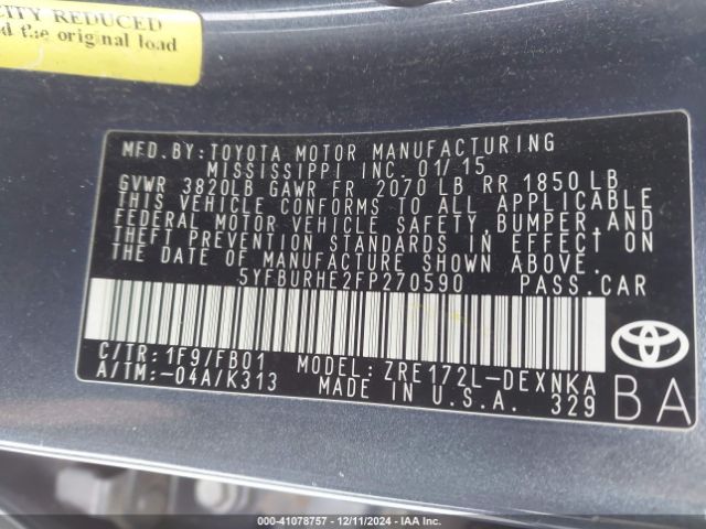 5YFBURHE2FP270590 Toyota COROLLA LE