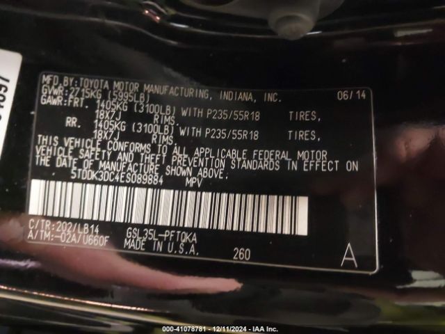 5TDDK3DC4ES089884 Toyota Sienna Xle 7 Passenger