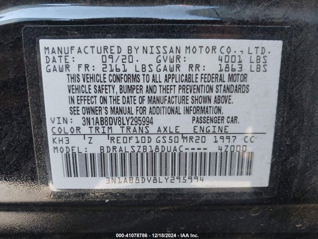 Nissan Sentra Sr Xtronic Cvt 2020 3N1AB8DV8LY295994 Image 9