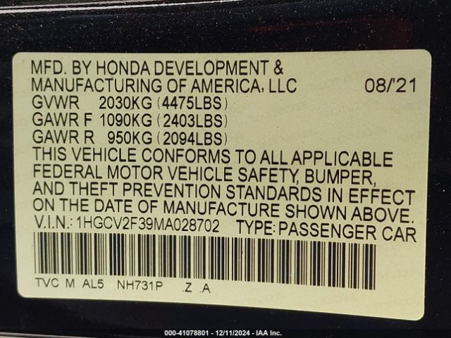 1HGCV2F39MA028702 Honda Accord Sport 2.0t