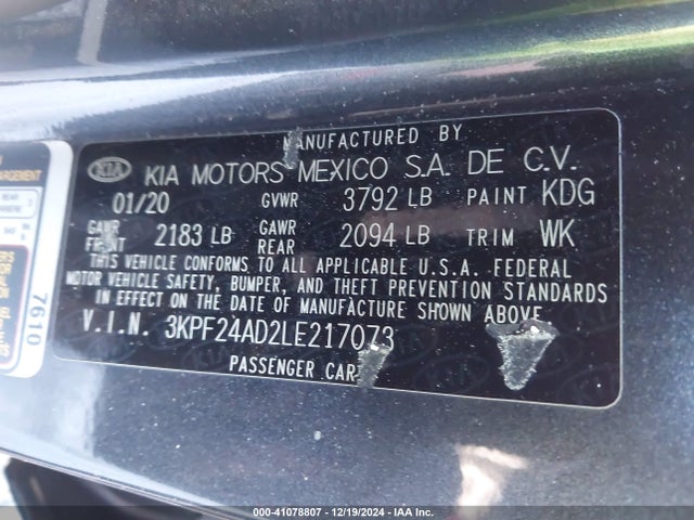 3KPF24AD2LE217073 KIA Forte Lxs
