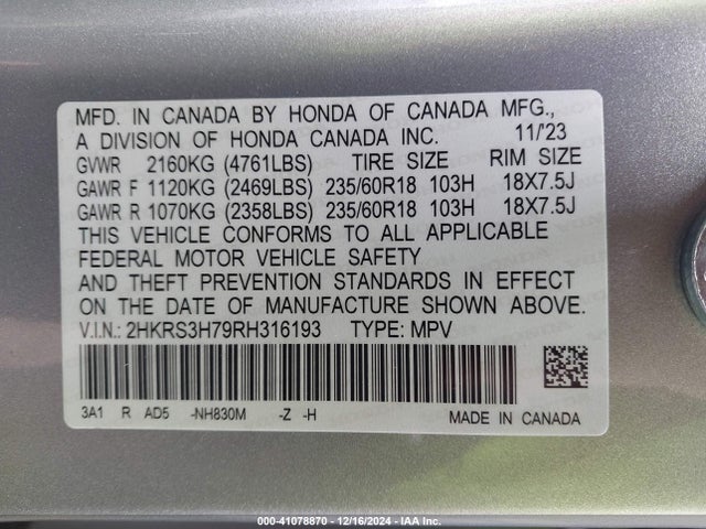 2HKRS3H79RH316193 Honda Cr-v Ex-l 2wd