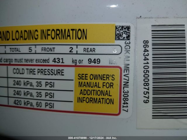 3GKALMEV7NL308417 GMC Terrain Fwd Sle