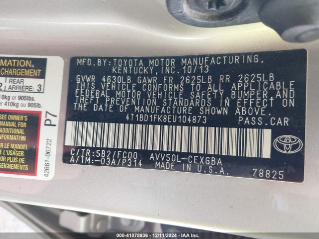 4T1BD1FK8EU104873 Toyota Camry Hybrid Xle