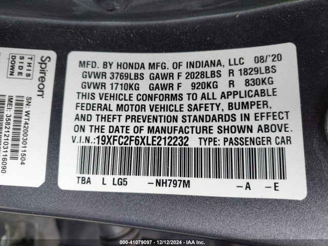 Honda Civic Lx 2020 19XFC2F6XLE212232 Image 9