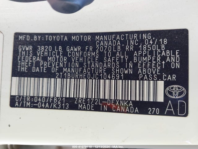 Toyota COROLLA LE 2018 2T1BURHE0JC104691 Image 9