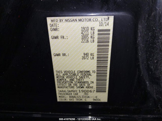 Nissan Altima 2.5 S 2015 1N4AL3AP6FC190067 Image 9