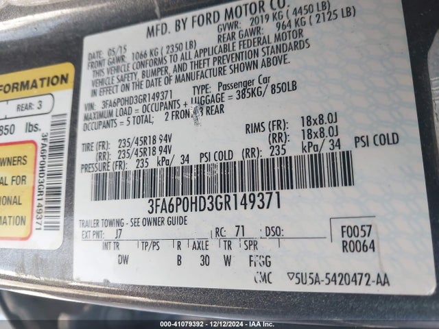 Ford FUSION SE 2016 3FA6P0HD3GR149371 Image 9