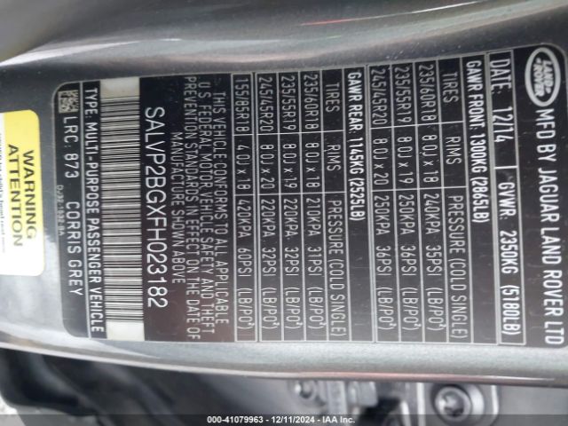 SALVP2BGXFH023182 Land Rover Range Rover Evoque Pure