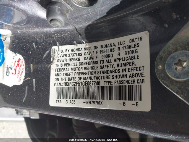 Honda Civic Lx 2016 19XFC2F51GE087246 Image 9