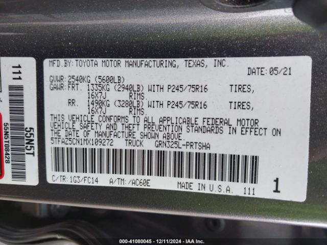 5TFAZ5CN1MX109272 Toyota Tacoma Sr5 V6
