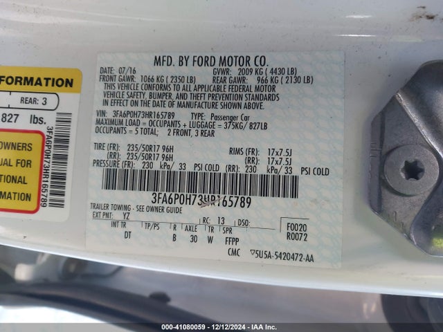 Ford FUSION SE 2017 3FA6P0H73HR165789 Image 9