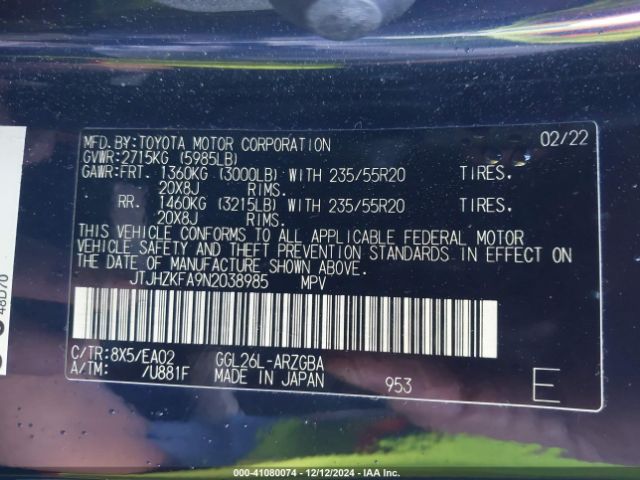 JTJHZKFA9N2038985 Lexus Rx 350l