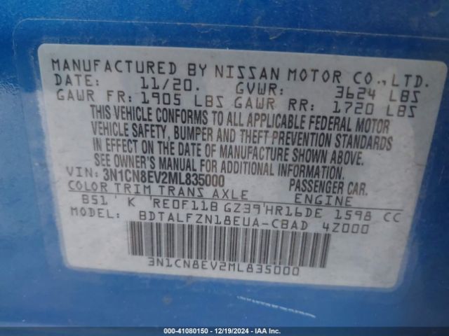 3N1CN8EV2ML835000 Nissan Versa Sv Xtronic Cvt