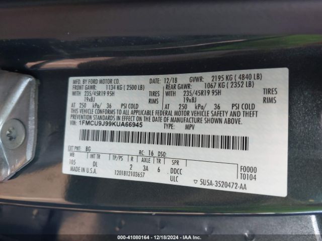2019 FORD ESCAPE 1FMCU9J99KUA66945 Photo 8