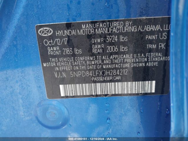 5NPD84LFXJH284212 Hyundai ELANTRA SEL