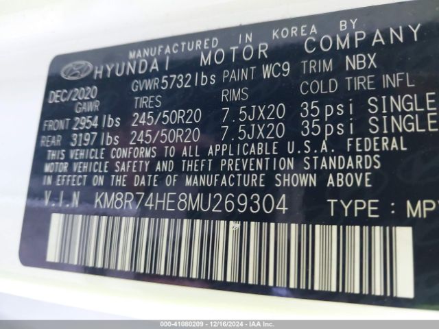 KM8R74HE8MU269304 Hyundai Palisade Calligraphy