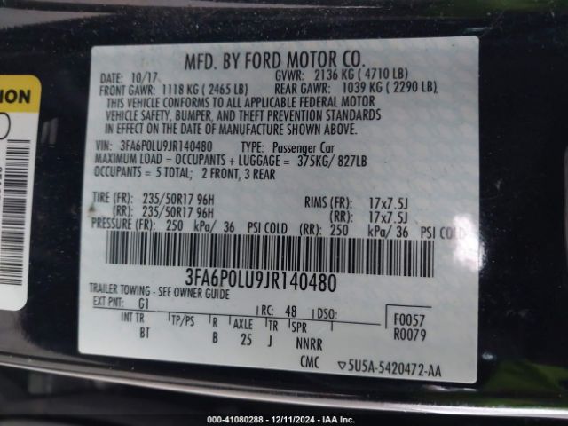 3FA6P0LU9JR140480 Ford Fusion Hybrid Se