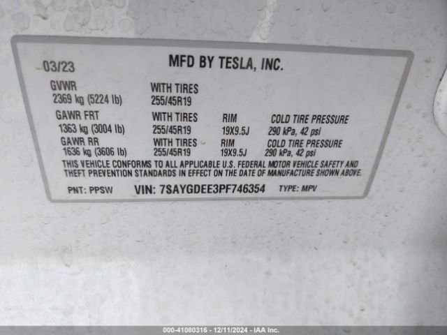 7SAYGDEE3PF746354 Tesla Model Y Awd/long Range Dual Motor All-wheel Drive
