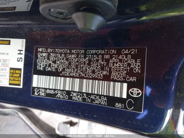 JTDEAMDE7MJ029933 Toyota Corolla Hybrid Le