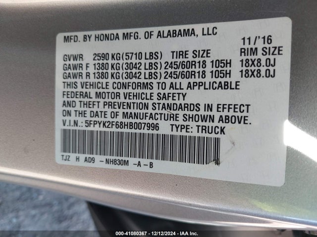 Honda Ridgeline Rtl-t 2017 5FPYK2F68HB007996 Image 9