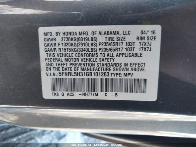 5FNRL5H31GB101263 Honda ODYSSEY SE