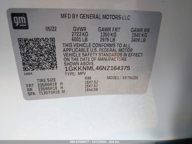 1GKKNML46NZ164375 GMC Acadia Fwd Slt